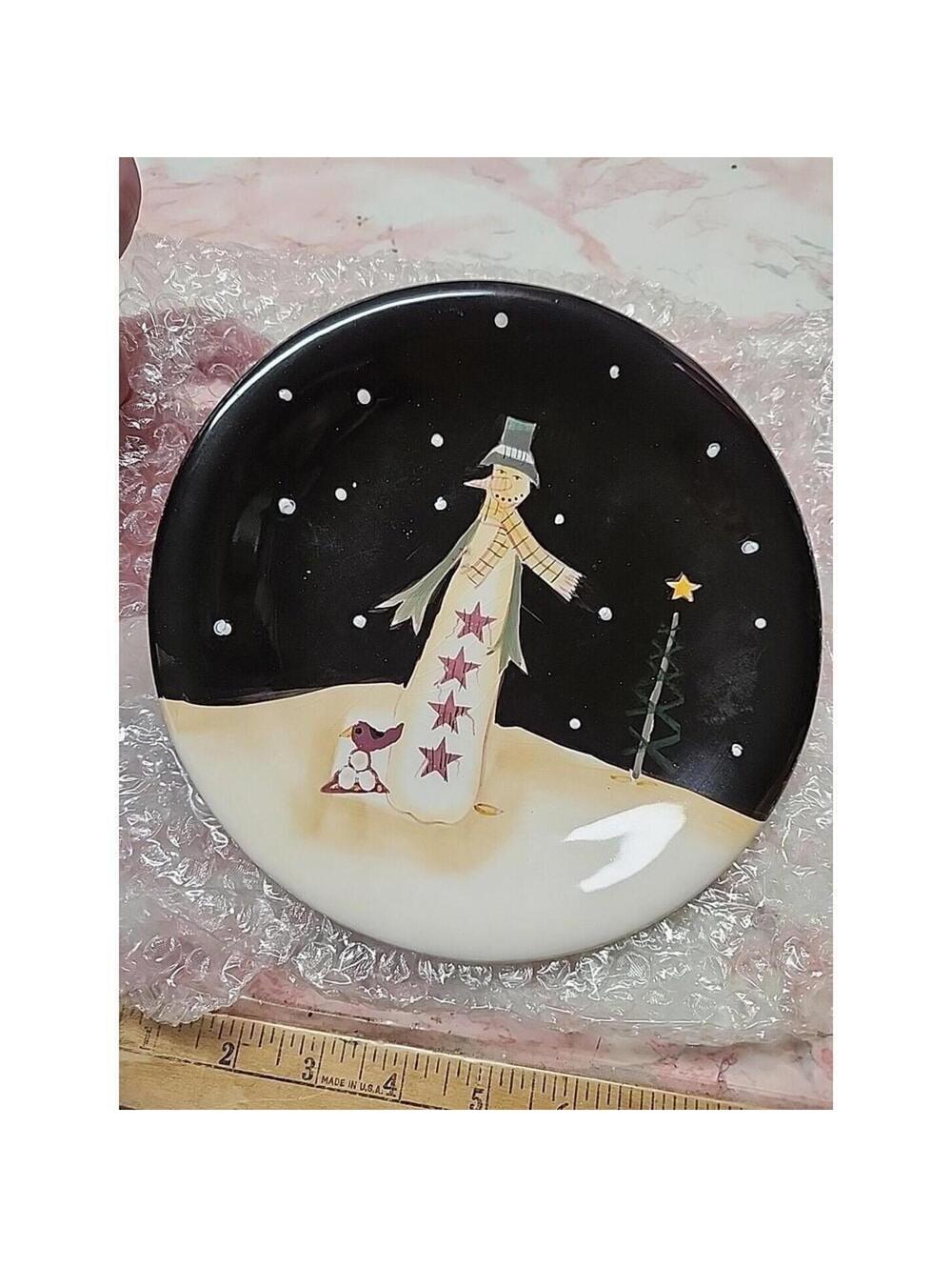 Snowman Winter Scene Decorative Plate Holiday Home Decor Black & White NEW